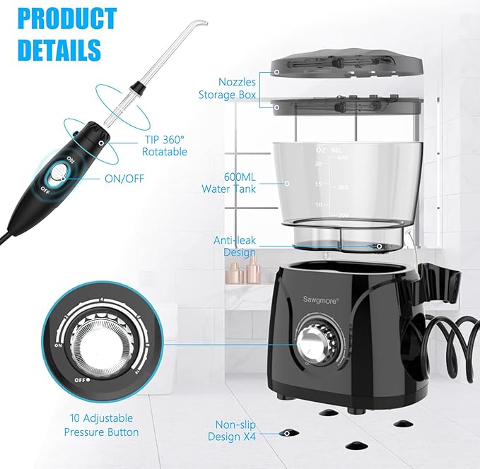 واترفلوسر و دستگاه شست وشوی دهان، حجم 600 میلی لیتر، تمیزکننده دندان با فشار آب، دارای 10 سطح تنظیم فشار، فلاس برقی مخصوص دندان ها و براکت ها، همراه با 8 سری حرفه ای برای مصرف خانگی 2239715472