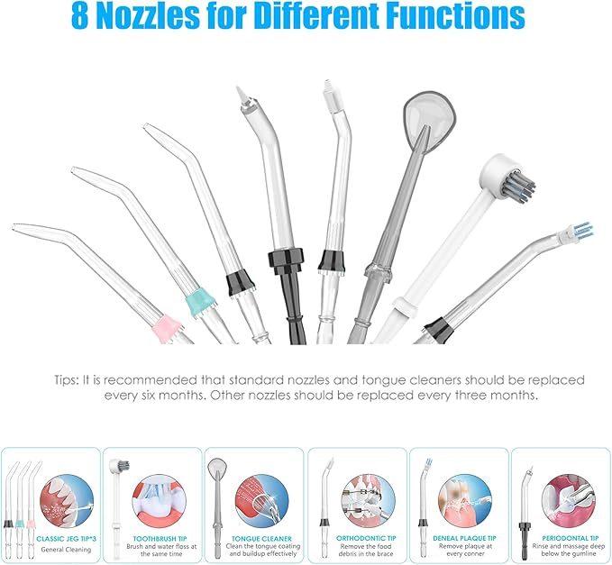 واترفلوسر و دستگاه شست وشوی دهان، حجم 600 میلی لیتر، تمیزکننده دندان با فشار آب، دارای 10 سطح تنظیم فشار، فلاس برقی مخصوص دندان ها و براکت ها، همراه با 8 سری حرفه ای برای مصرف خانگی